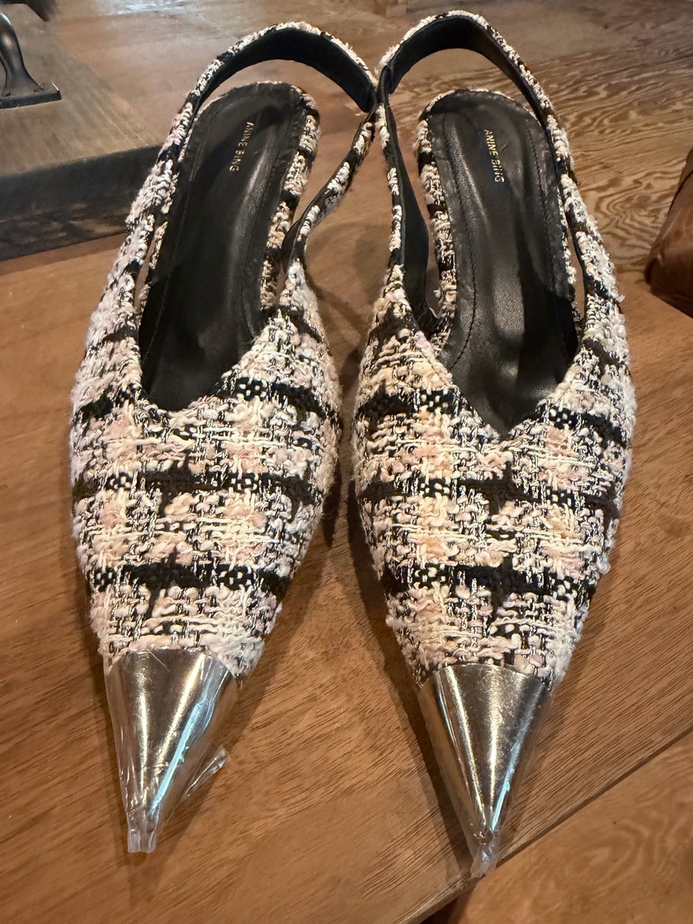 Anine Bing Pink Black Tweed Slingback shoes with Silver Pointed Toe size 39/9